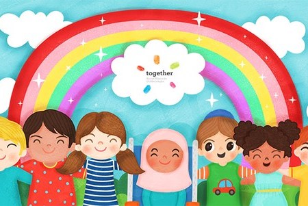 Image of children smiling beneath a rainbow