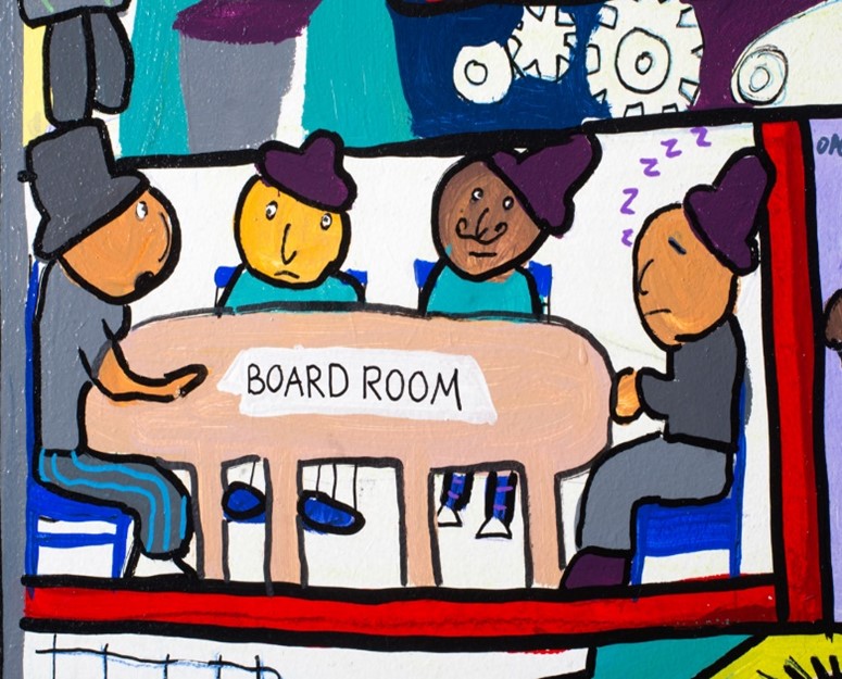 Drawing of four men with top hats on sat around a table which is labelled 'BOARDROOM'. One of the men sat on the table is sleeping with 'ZZZZZ's' coming out of him. 