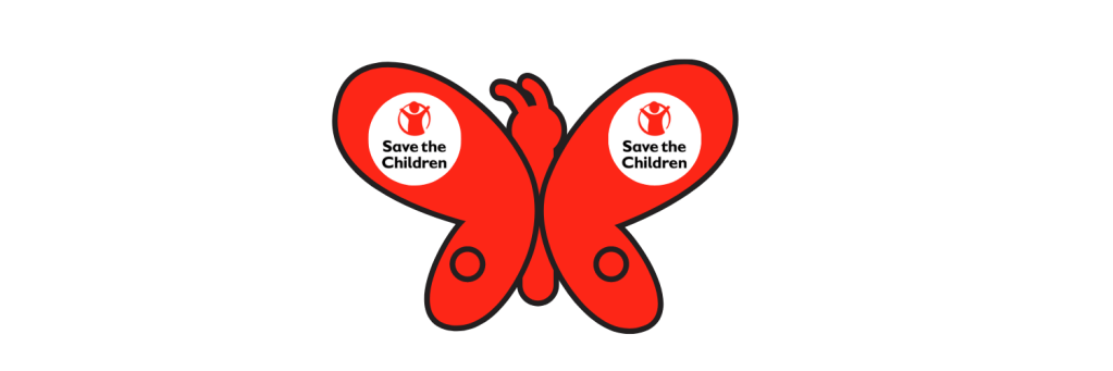 A red buttery with the Save the Children logo on its wings