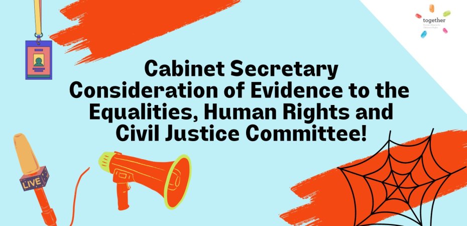 'Cabinet Secretary Consideration of Evidence to the Equalities, Human Rights and Civil Justice Committee!' with two strokes in the background a megaphone, a microphone and a lanyard.