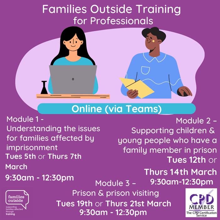 Families Outside promotional material. A person on a computer and a person looking at a document 