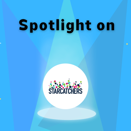 "spotlight on" with three spotlights shining down and four stars and Starcatchers logo.