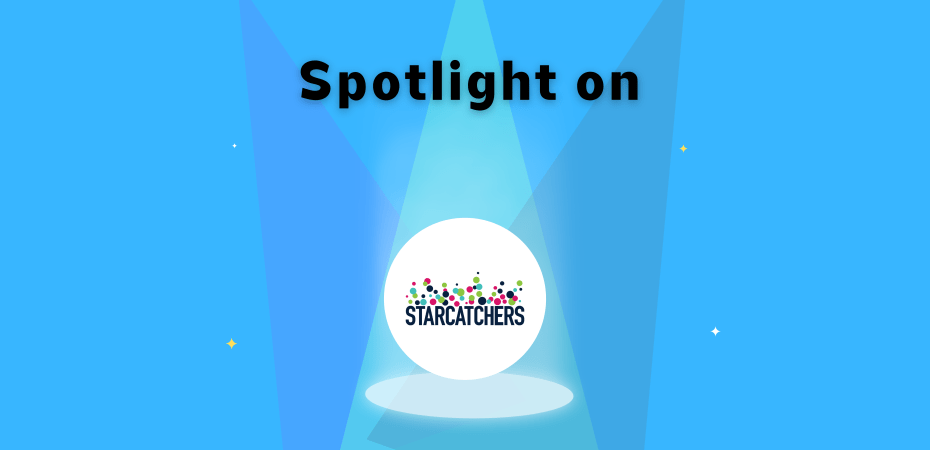"spotlight on" with three spotlights shining down and four stars and Starcatchers logo.