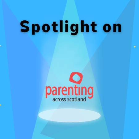 "spotlight on" with three spotlights shining down and four stars and Parenting Across Scotland Logo.