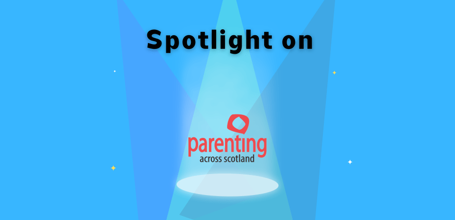 "spotlight on" with three spotlights shining down and four stars and Parenting Across Scotland Logo.