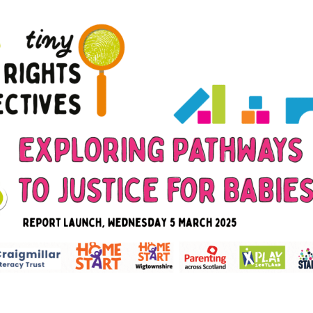 Together's Tiny Rights Detectives logo at the top, a group of building blocks above "Exploring Pathways to Justice for Babies" and "Report launch Wednesday 5 March 2025" with a megaphone next to the titles. Below is our friends logos - Craigmillar Literacy Trust, Home-Start, Home-Start Wigtownshire, Parenting Across Scotland, Play Scotland and Starcatchers.