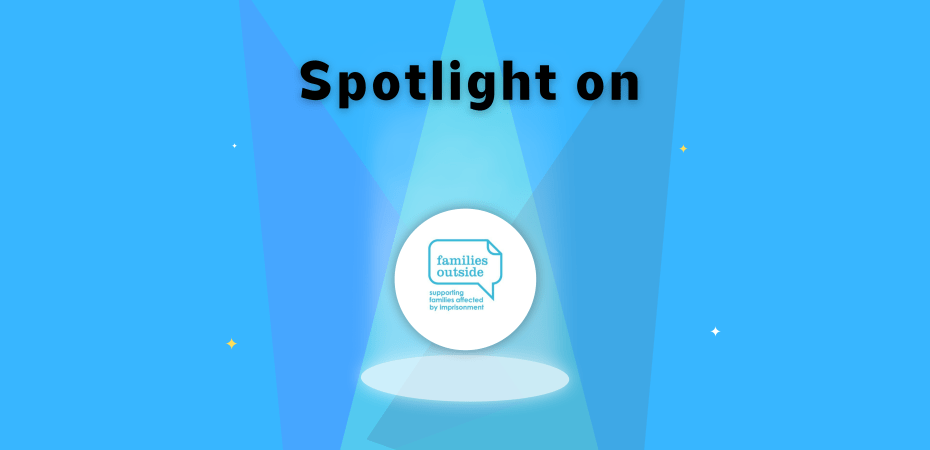 A graphic with three spotlights shining down on Families Outside logo and for stars in the background.