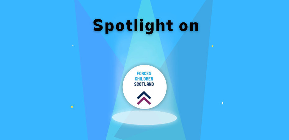 "Spotlight on" shining down on three spotlights Forces Children Scotland logo with four stars in the background.