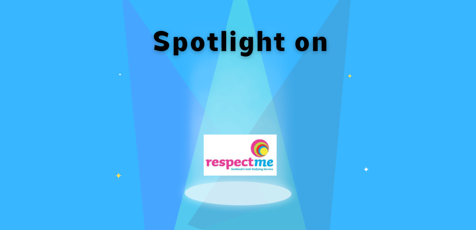 "spotlight on" with three spotlights shining down on respectme logo with four stars in the background.
