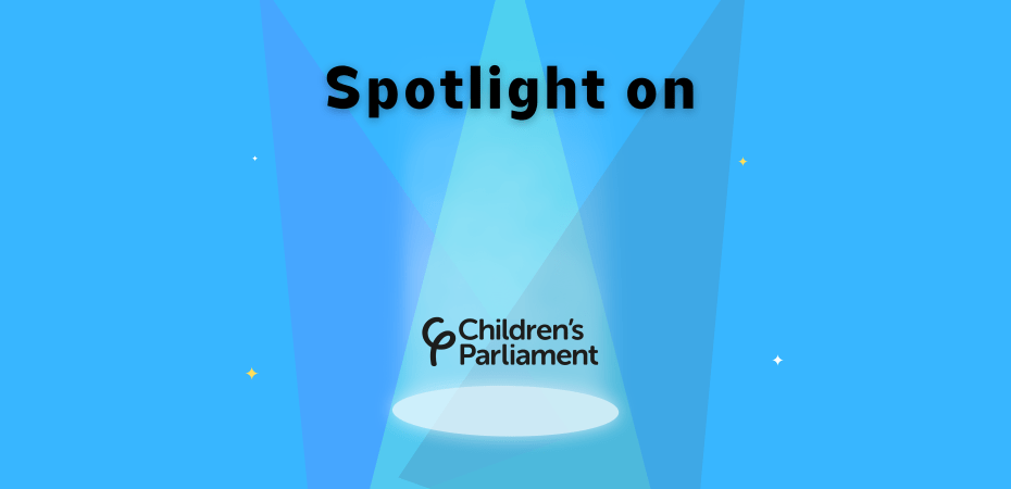 "Spotlight on" with three spotlights shining down on the Children's Parliament logo and four stars in the background.