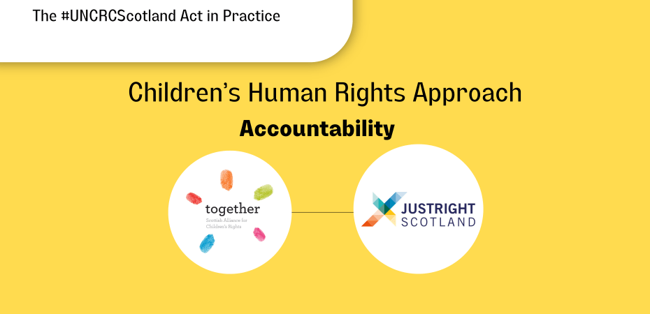 Together logo and JustRight Scotland logo in a white circle frame with a line connecting them. Titles above "Children's Human Rights Approach" and "Accountability". Blog series title "The #UNCRCScotland in Practice"