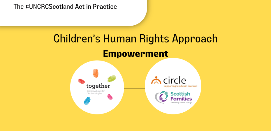 "The #UNCRCScotland in Practice" at the top with a text banner. "Children's Human Rights Approach" with "Empowerment2 and below is Together logo, Circle and SFAD logo in a circle frame. A line joining them together..