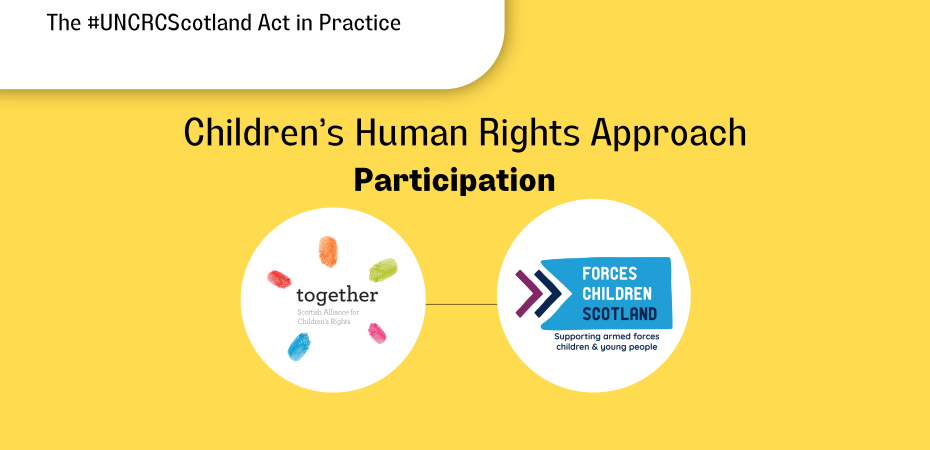 "The #UNCRCScotland in Practice" with a text box, "Children's Human Rights Approach", "Participation", Together logo and Forces Children Scotland in a circle frame and a line joining them. Graphic.