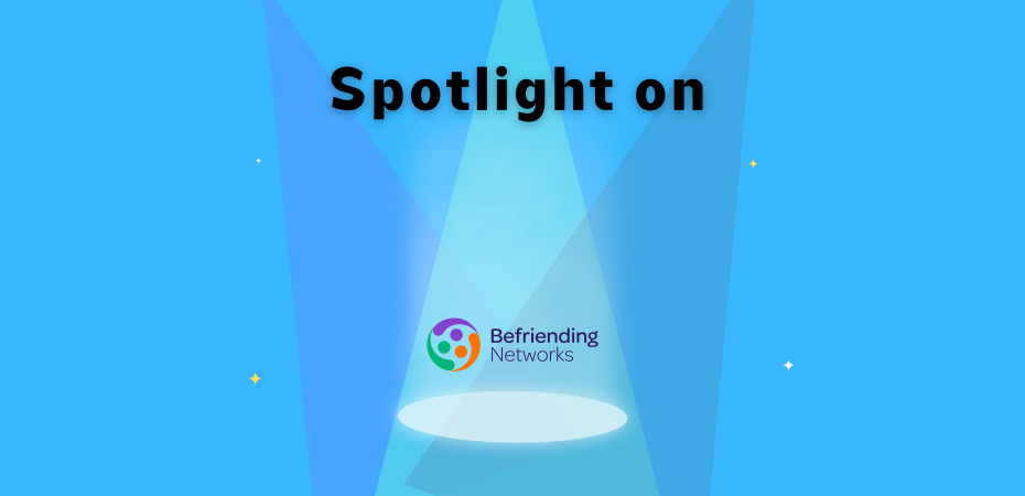 "Spotlight on" with three spotlights shining down on Befriending Networks logo with four stars in the background. Graphic.