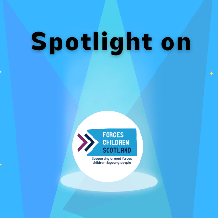 "Spotlight on" with three spotlights shining down on Forces Children Scotland logo and four stars in the background. Graphic.