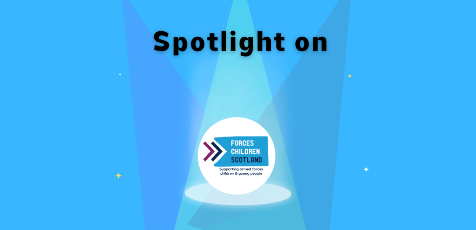 "Spotlight on" with three spotlights shining down on Forces Children Scotland logo and four stars in the background. Graphic.