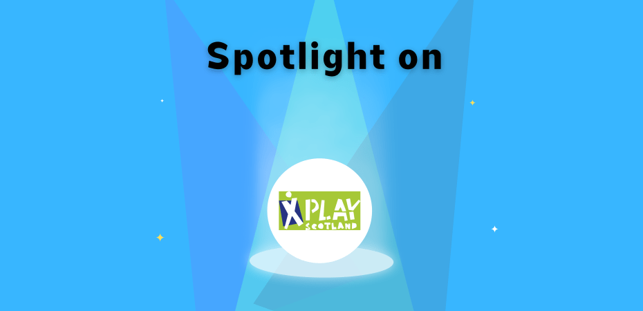 Play Scotland Banner. "Spotlight on" with three spotlights shining down on Paly Scotland logo and four stars in the background.