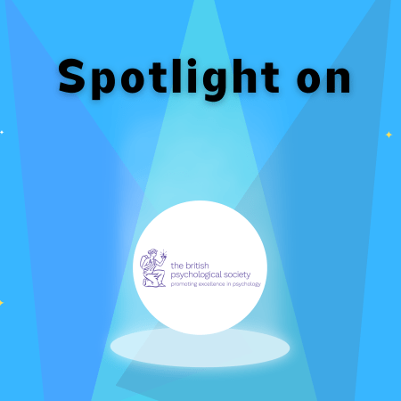 "Spotlight on" banner with The British Psychological Society logo with three spotlights shining down on logo, four stars in the background.
