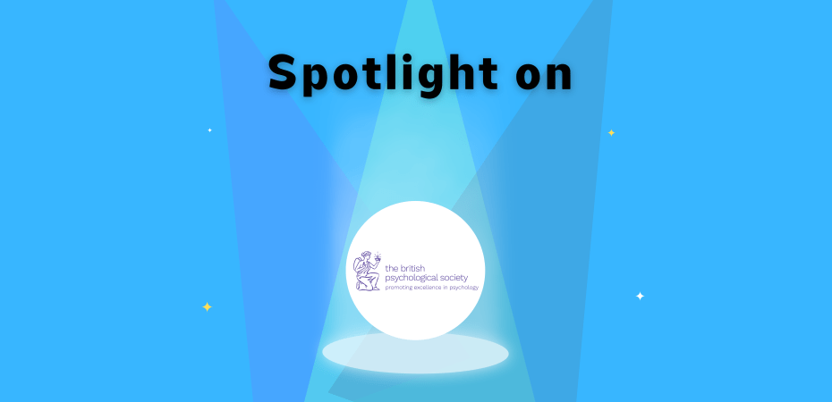 "Spotlight on" banner with The British Psychological Society logo with three spotlights shining down on logo, four stars in the background.